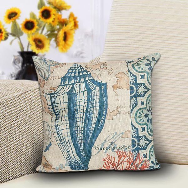 

1pc marine style blue sea helm printed cushion cover cotton linen coral pillow cover decorative car chair pillow case ou 008