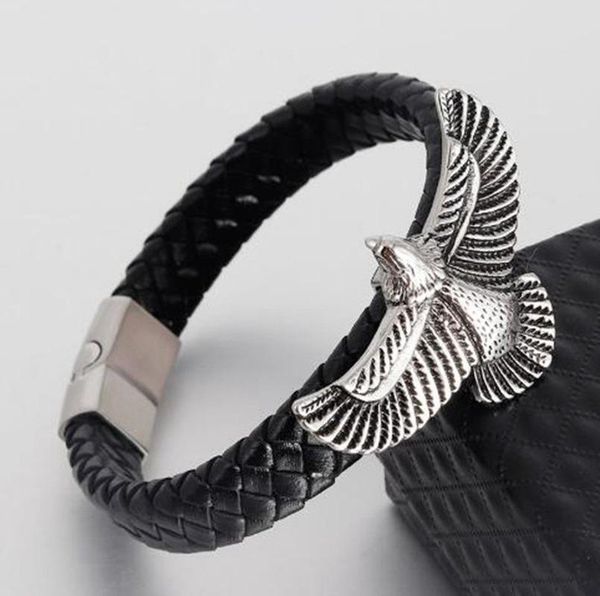 

charm bracelets classic cool stainless steel eagle black leather bracelet men's rock punk biker jewelry, Golden;silver