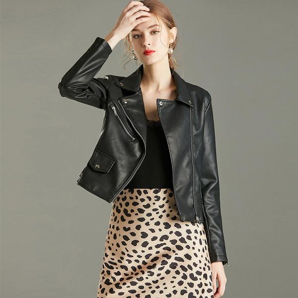 

women's leather & faux 2021 fashion women jacket slim casual motorcycle biker ladies coat female pu outwear punk washable short, Black