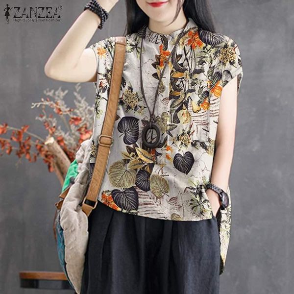 

women's blouses & shirts oversize zanzea 2021 kaftan printed floral irregular blusa female button short sleeve summer tunic chemise, White