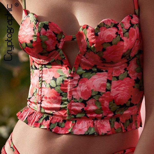 

cryptographic fashion floral print camis crop women hollow out backless cropped feminino summer 2021 streetwear, White