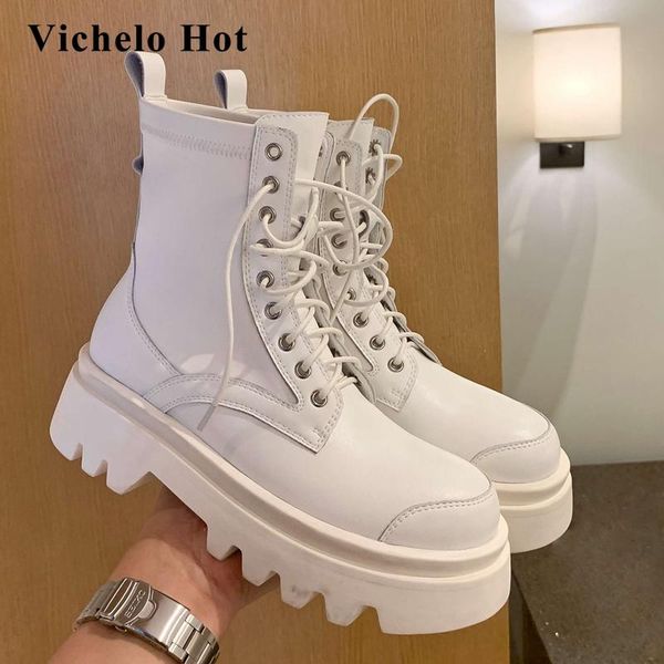 

boots vichelo motorcycle real cow leather thick bottom platform round toe high heel lace up handsome fashion ankle l05, Black