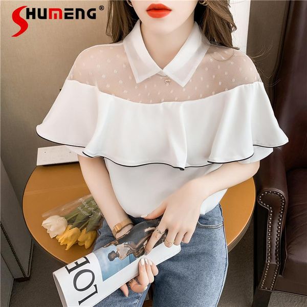 

women's blouses & shirts 2021 summer female french mesh chiffon patchwork shirt fashion ruffled short sleeves chic sweet pullover blusa, White