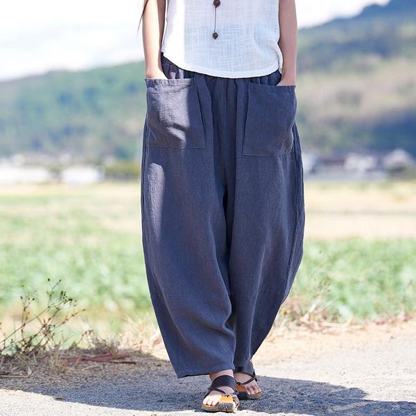 

women's pants & capris 2021 spring summer plus size women cotton linen trouser with pockets solid wide leg re2126, Black;white