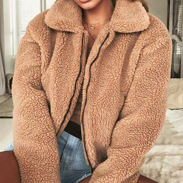 

warm artificial women faux wool lamsvel dames rits jas winter park women's jacket # t2q, Black;brown