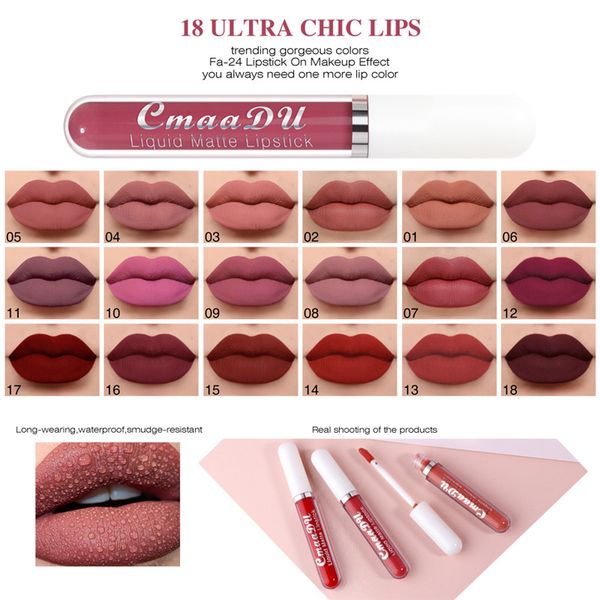 Cmaadu 18 Lipgloss-Farbe, matt, flüssiger Lippenstift, wasserdicht, natürlich, langlebig, samtiges Make-up, Lipgloss, freies Schiff 1200