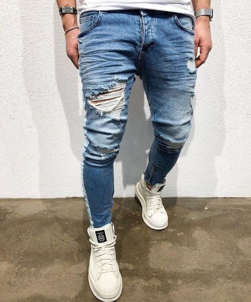 

men's jeans high street style thigh hole elastic slim fit small leg pants personality design, Blue
