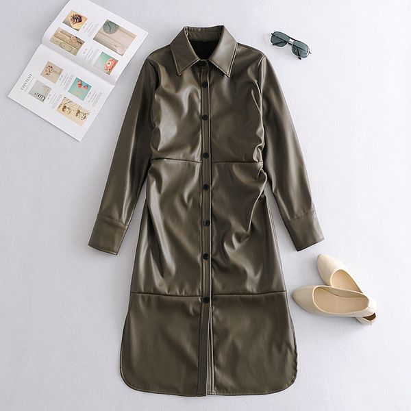 

2021 new winter women long jacket ladies elegant washed pu leather coats trench female outerwear with belt 23lf, Black