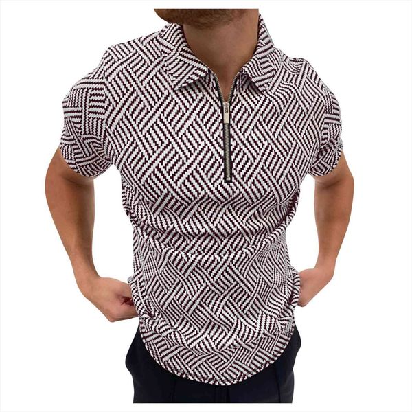 

fashion herringbone print short sleeve mens polo shirts casual turn down collar zipper summer harajuku streetwear, White;black