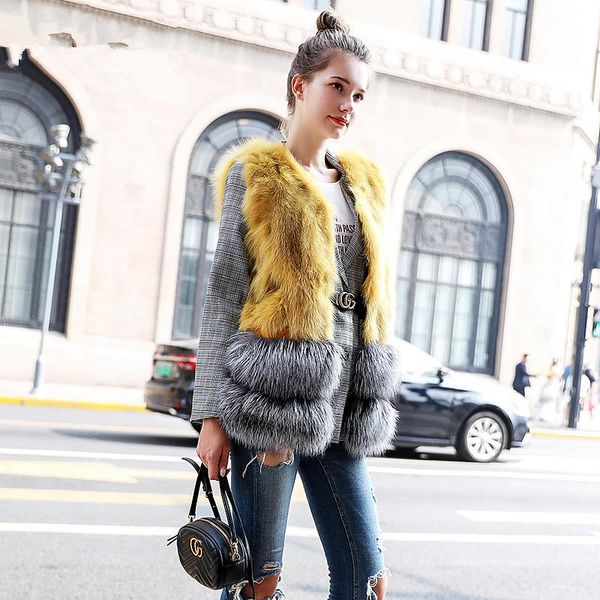 

women's fur & faux vest real coat women clothes fashion sleeveless slim waistcoat korean vintage jacket manteau femme hiver zl699, Black