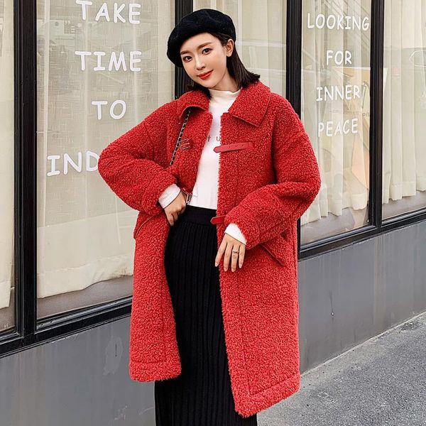 

women's wool & blends 2021 women lamb winter ethos lady korean turn-down collar berber fleece straight female medium style outwear wool, Black