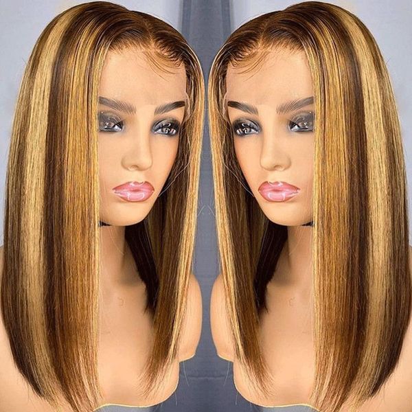 

lace wigs cexxy highlight wig human hair short bob 13x4 front for women straight ombre blonde closure, Black;brown