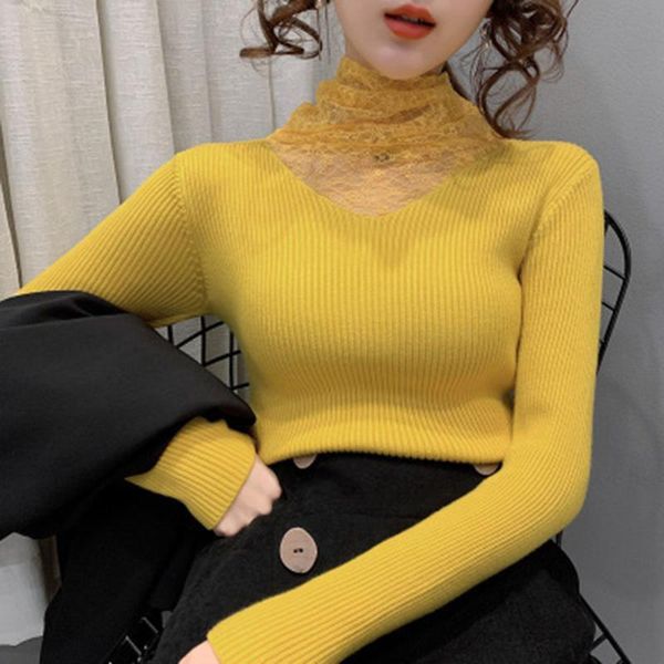 

women's sweaters 2021 autumn sweater pullover commuter fashion style pure color slim long sleeve high neck lace thin knitted top, White;black