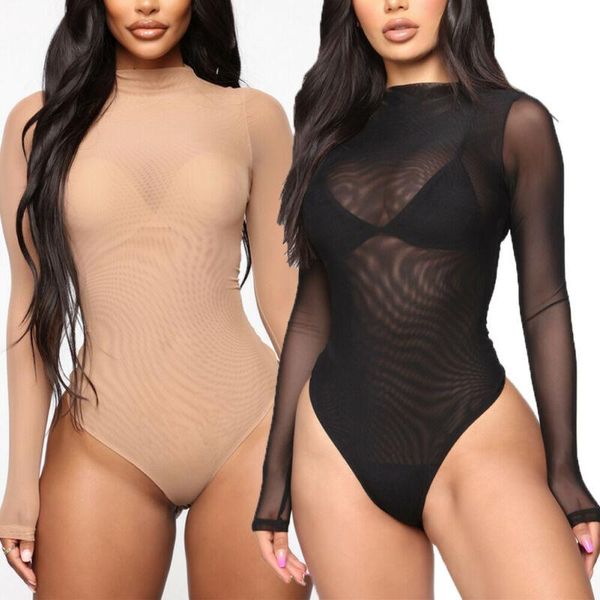 

2021 mesh bodysuit romper bodycon jumpsuit turtleneck skinny body suit transparent new women body clothing sunsuit jumpsuit, Black;white