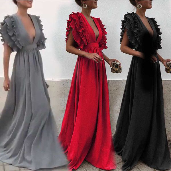 

luxury evening dress 2021 women's v-neck ruffle sleeve long skirt, Black;gray