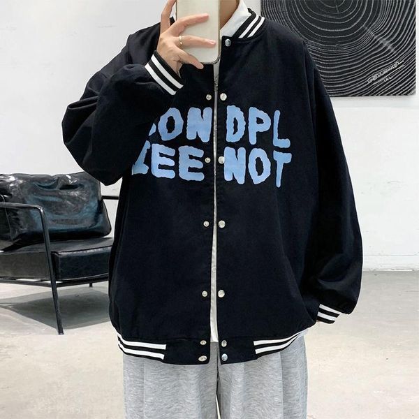 

men's jackets pr 2021 baseball collar couple loose letter print hong kong style jacket streetwear hip hop hooded coats male casual, Black;brown