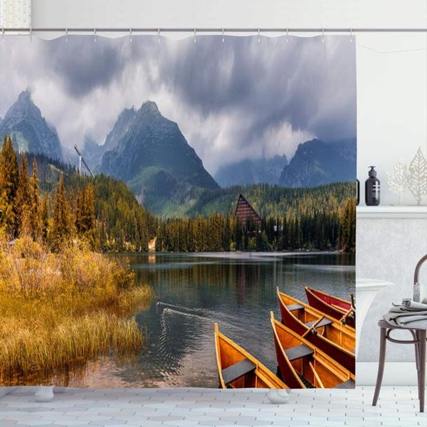 

shower curtains curtain set with hooks 60x72 resort dusk fafantastic panoramic view on autumn calm lake river pond shore strbske nature