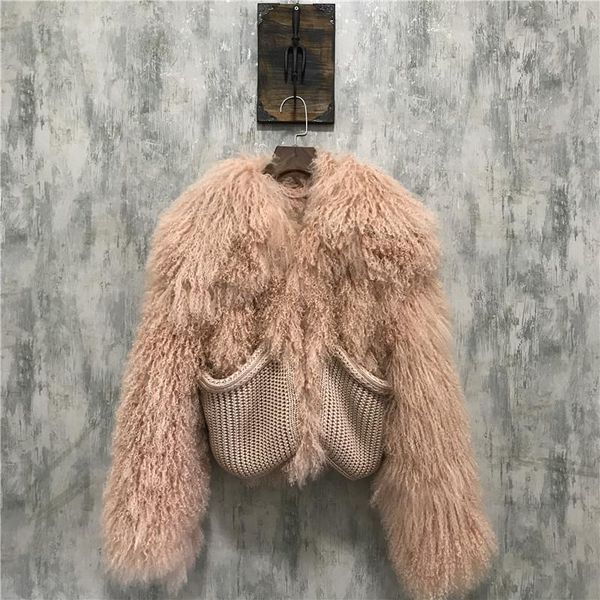 

women's fur & faux beach wool real coat lamb hair knitted big pocket sweet women chamarras de mujer para invierno womens winter coats, Black