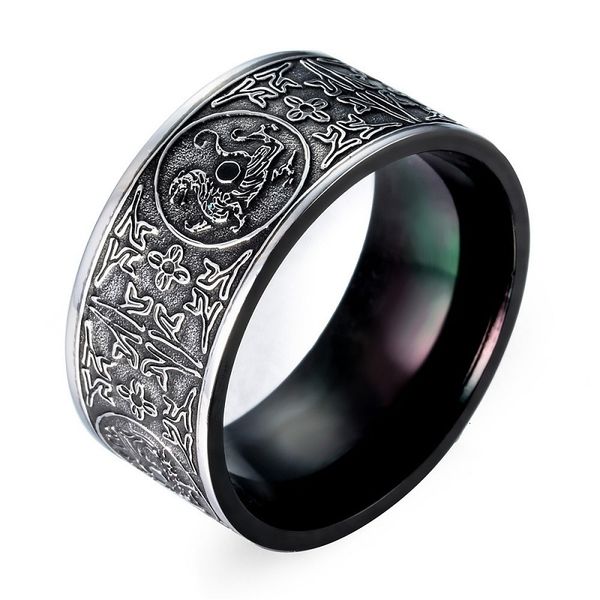 

personality punk titanium steel rings round shape black vintage pattern rings men business type fashion jewelry accessories wholesale, Silver