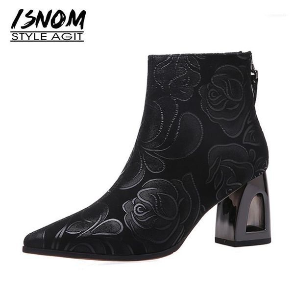 

boots isnom suede ankle women flower pointed toe strange high heels short booties shoes woman elegant ladies boot vintage11, Black