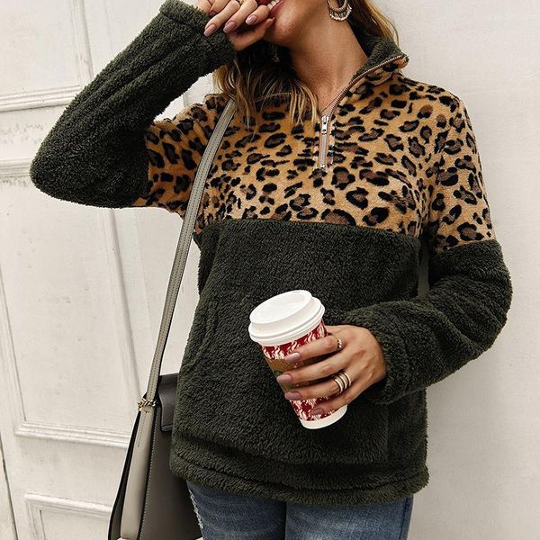 

women's hoodies & sweatshirts leopard print zip women sweatsirts autumn 2021 fashion patchwork plush winter warm pullover stand collar, Black