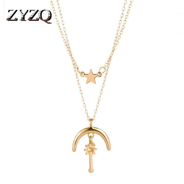 

pendant necklaces zyzq 2021 luxury temperament alloy star moon necklace for women ins simple classic clavicle chain fashion party jewelry, Silver
