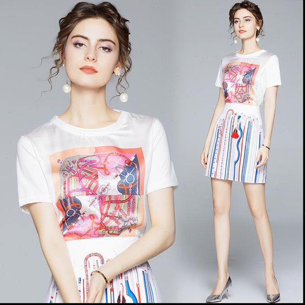 

women casual chain print two piece set summer short sleeve white t shirt striped mini skirt set cute girls 2 piece, Gray