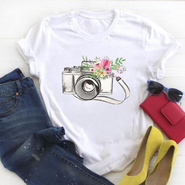

women camera flower printed vintage short sleeve ladies summer t tee female shirt clothes tshirt womens graphic t-shirt, White