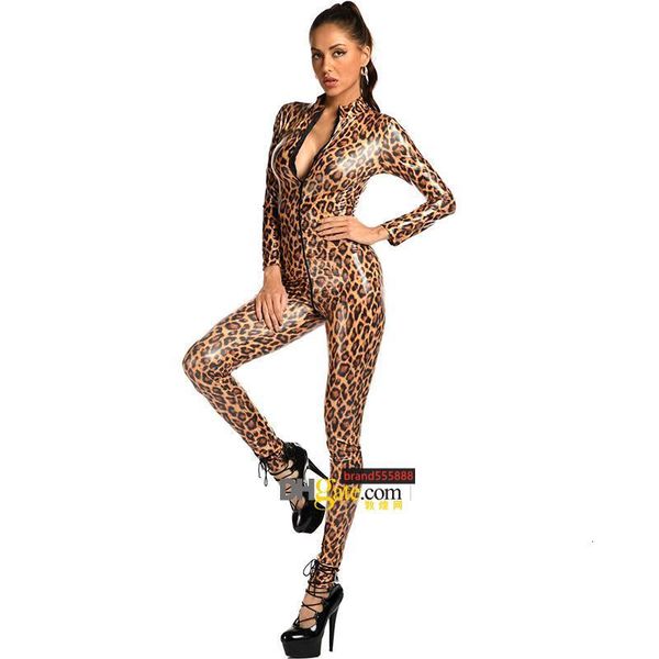 

women's jumpsuits & rompers women wet look faux leather bodysuits shiny pvc zipper open crotch jumpsuit erotic nightclub wear leopard, Black;white
