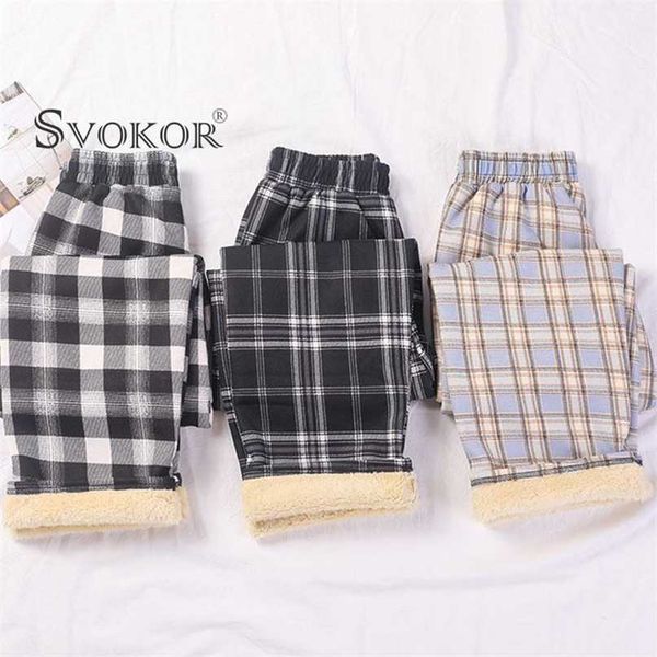 

svokor women plus cashmere warm winter pants casual retro checkered wide leg fashion trousers girl 211118, Black;white