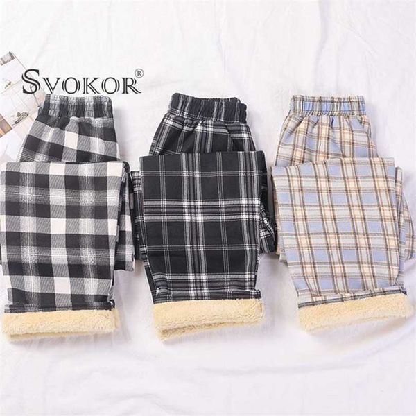 SVOKOR Donna Plus Cashmere Pantaloni invernali caldi Pantaloni casual retrò a quadri a gamba larga Ragazza 211118