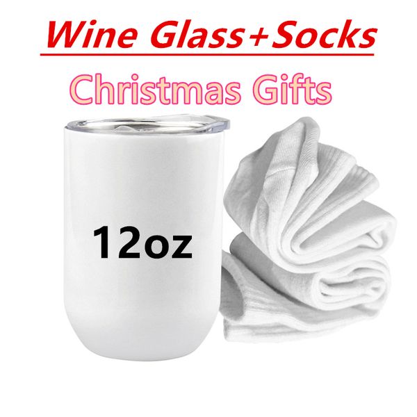 Sublimação de vidros de vinho Socks Gift Sets Decorações de Natal presentes 12oz branco de tumblers de vinho em branco branco e meias transferência de calor garrafas de água A12