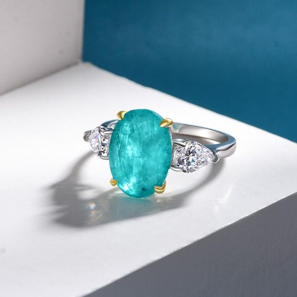 

cluster rings classic 100% 925 sterling silver oval cut paraiba tourmaline created moissanite gemstone engagement fine jewelry ring for wome, Golden;silver