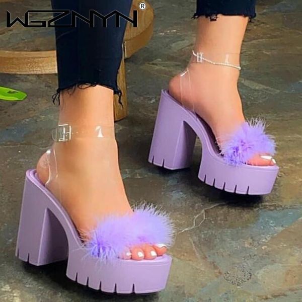 

sandals candy color women 2021 summer slippers transparent t-shaped straps thick heel open toe platform for sandal, Black