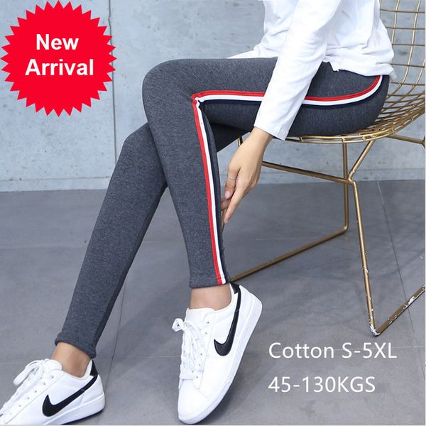 

quality cotton side stripes women casual legging pants high waist fitness leggings plump female plus size 5xl, Black