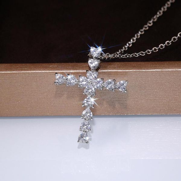 

pendant necklaces gorgeous heart shaped zircon cross pendants choker chains white gold color necklace for women fashion jewelry wholesale kc, Silver