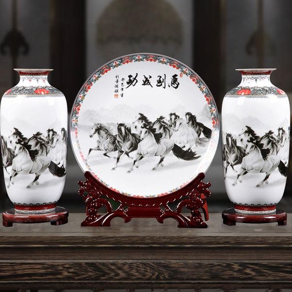 

ceramic ornaments three sets jingdezhen horse vase set household living room flower arrangement modern simple office ornaments
