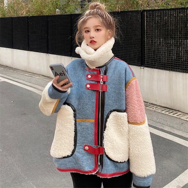 

women's fur & faux winter fashion korean denim stitching one lamb hair motorcycle thickening warm all-match jacket, Black