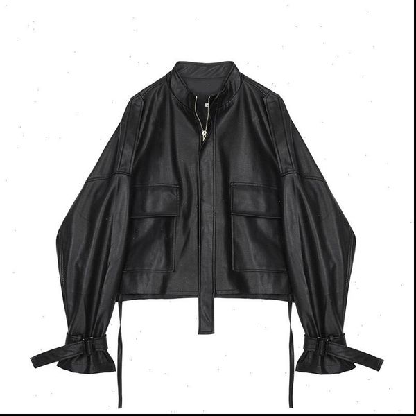 

ewq] 2021 autumn new drawstring strap long sleeve large size fashion women casual up leather coat loose black jacket qj87101, Black;brown