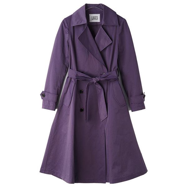 

women's trench coats 2021 autumn slim lace up waist long double breasted temperament knee length windbreaker coat, Tan;black