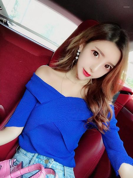 

women's sweaters fashion women off shoulder slash neck cross thread knitted short sleeve bodycon tunic sweater shirt, White;black