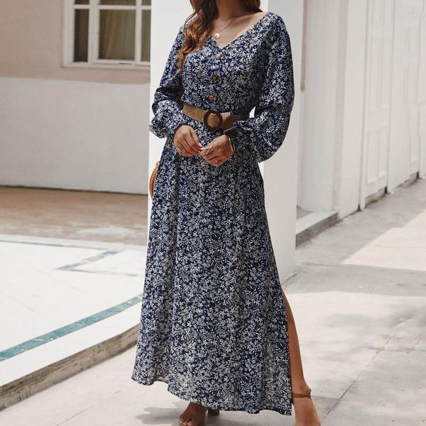 

casual dresses split fork dress v-neck ruffles floral printed long sleeve high waist elegant for women abito manica lunga, Black;gray