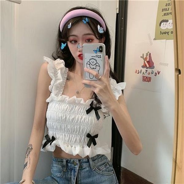 

summer chiffon blouse women french style kawaii crop casual short sleeveles bow slim fit elegant blouse women 2020 new, White;black