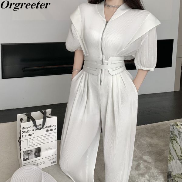 

women pleated ruffle slim waist with belt tempeament jumpsuits summer short puff sleeve front zipper v-neck stretch playsuit 210525, Black;white