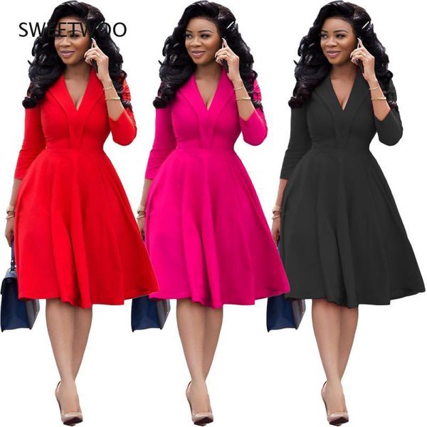 

casual dresses women's red a-line skirt office ladies elegant pleated v-neck three-quarter sleeves knee-length elastic plus size, Black;gray
