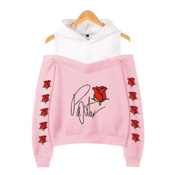 

women's hoodies & sweatshirts payton moormeier women harajuku rose flower printed off shoulder fleece hooded hip hop streetwear, Black