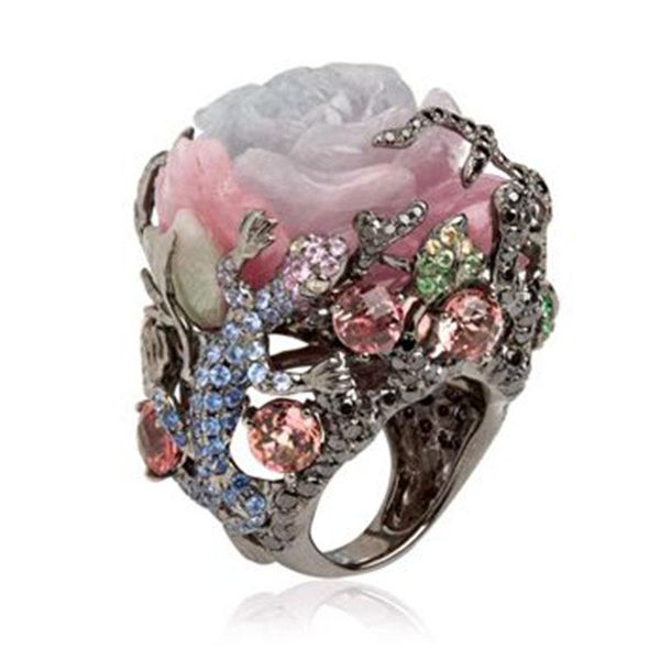 

cluster rings luxury tree branch lizard design big for women men vintage turkish black gold peony rose white pink flower l4x878, Golden;silver