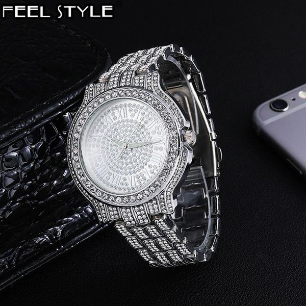 

wristwatches mens iced out watches luxury date quartz wrist with micropave cz alloy watch for women men jewelry, Slivery;brown