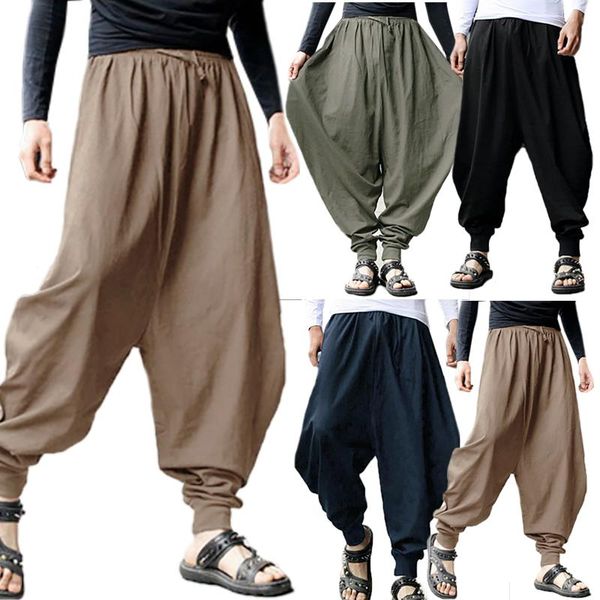 

men casual loose sports jogger wide leg long pants solid color harem trousers plus size 3 colors, Black