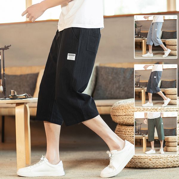 

2021 new men printed chinese style summer casual mens linen trousers male oversize calf-length pants plus size 5xl 1g0i, Black